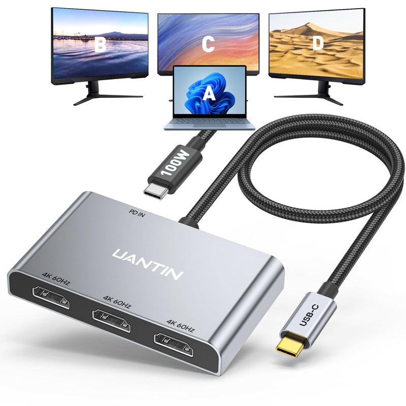 USB C to 3 HDMI Adapter with PD 100W, 4K@60Hz HDMI Splitter Extended Display for Multi-Monitors, Adapter for 3 Monitor, Windows Allows Display 4 Separate Screens, macOS Only Mirror Mode