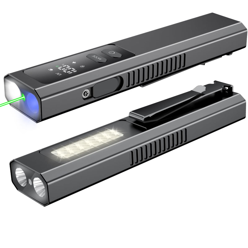 5 IN1 Rechargeable EDC Flat Flashlight, PRO Flashlight with Green Beam, UV and White LED Combo, High Lumens Pocket Lights with Magnet, LT010 Four Sources Perfect for Checking Work (Black) Black