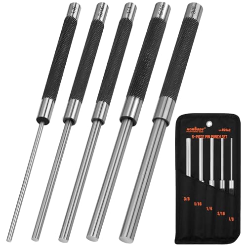 HORUSDY 5-Piece Roll Pin Punch Set, 8-Inch Carbon Steel Pin Punch Tool Kit (1/8" to 3/8") with Storage Pouch for Gunsmithing, Watch & Jewelry Repair 5PC Long Roll Pin Punch Set