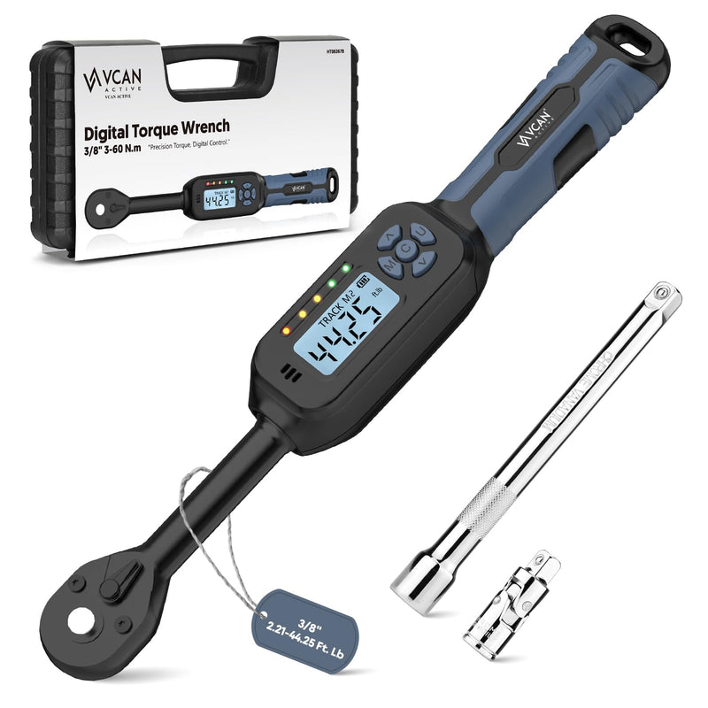 3/8 Torque Wrench Digital (2.21-44.25 Ft. Lb) ±2% High accuracy Digital Torque Wrench 3/8 Drive Ratchet with Buzzer&LED Indicator Track Mode/Universal Joint&6" Xtension Bar for Bike Moto Auto
