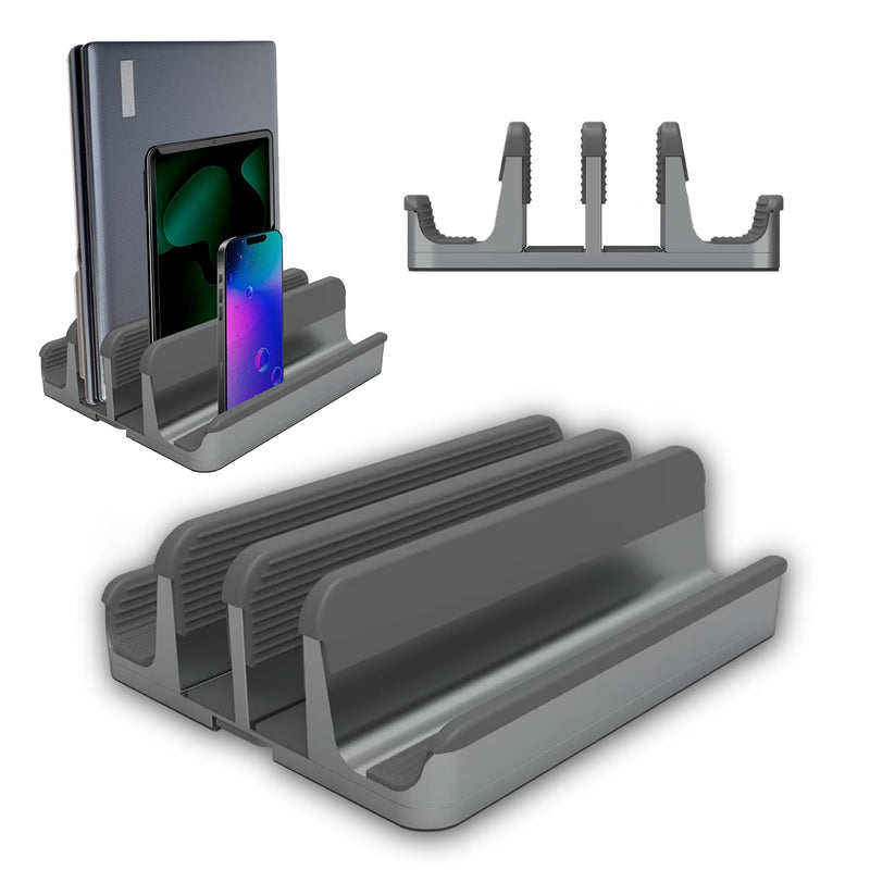 Elestoria 4 Device Vertical Laptop Stand – Adjustable Desktop Dock for MacBook, Dell, HP, Lenovo, iPad, Tablets & Phones – Multiple Slot Holder (Fits Up to 17.3") – Gray Grey
