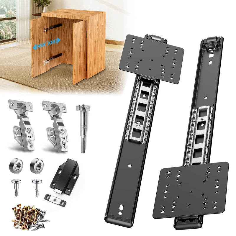 14in Pocket Door Hardware Slide 1 Set,Cabinet Hidden Sliding Pocket & Pivot Door Rail with Hinge for Heavy Duty Furniture,Soft Close Retractable Hardware Kit for Kitchen & Recessed Wardrobe 14 Inch 1.0