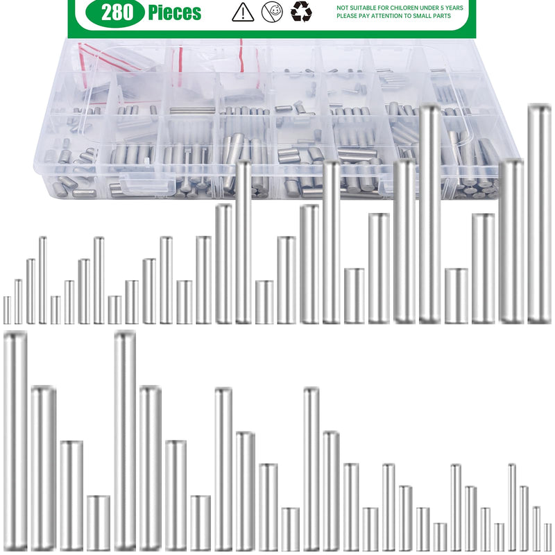 280Pcs 28 Sizes 304 Stainless Steel Dowel Pins Assortment Set, M1.5 M2 M2.5 M3 M4 M5 M6 Shelf Support Peg Pin Rod Fasten Elements