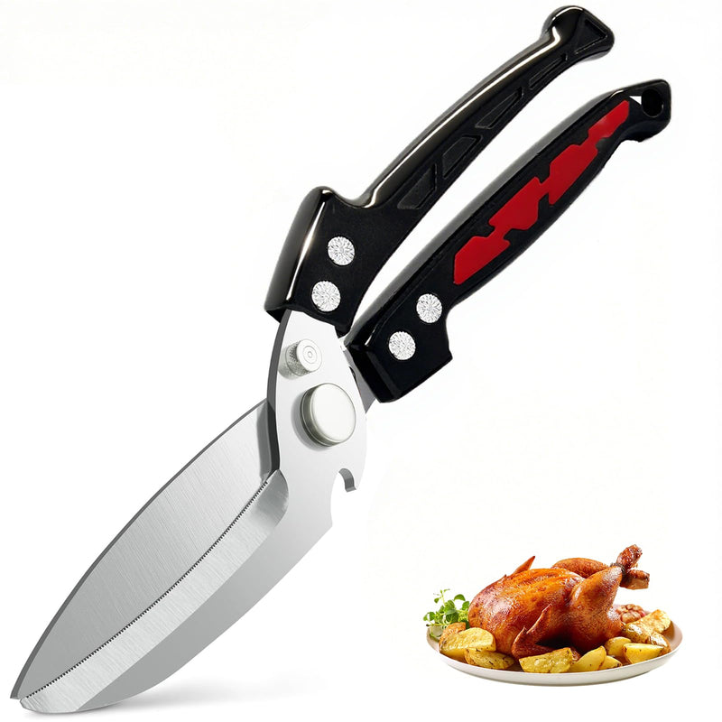 Professional Heavy Duty Kitchen Shears for Food – All in one Stainless Steel Chicken Shears Cut Bones, Meat, Fish Scales, Bottle Opener, Dishwasher Safe, Gift for Christmas Thanksgiving，Black Red Black Red