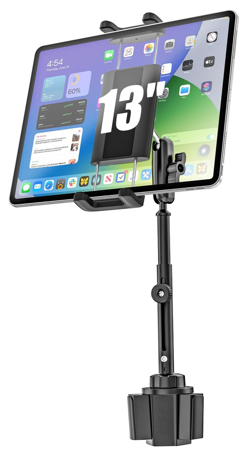 iPad Cup Holder Car Mount Heavy Duty [Height Adjust] Metal Long Arm Cup Holder Tablet Mount for Car, Truck, Compatible with 4.7-13" iPad Pro Air Mini, Galaxy Tab, iPhone, Cell Phone