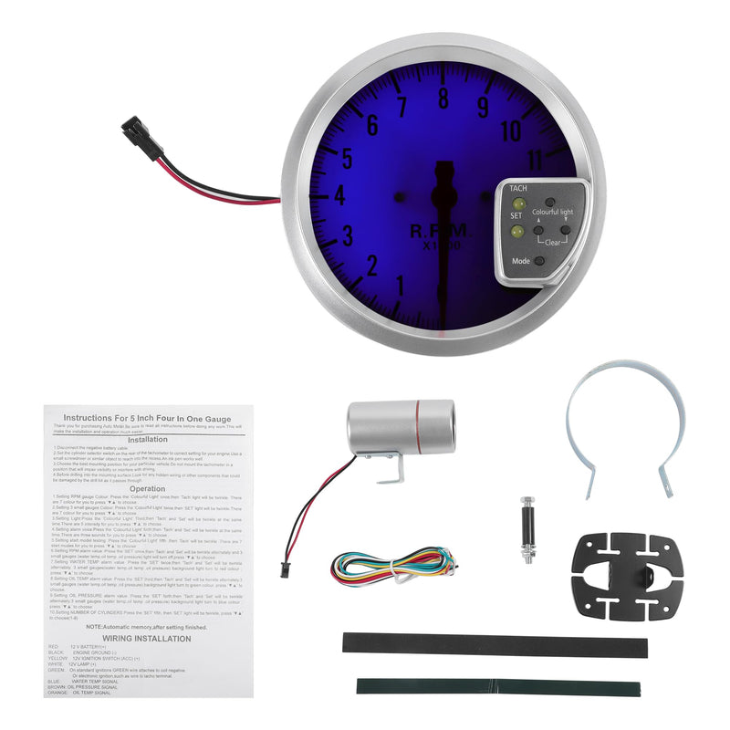 5" 127mm Tachometer Gauge Colorful Pointer RPM Tachometer Tach Gauge 0-11000RPM W/Sensor and Bracket Car DC 12V
