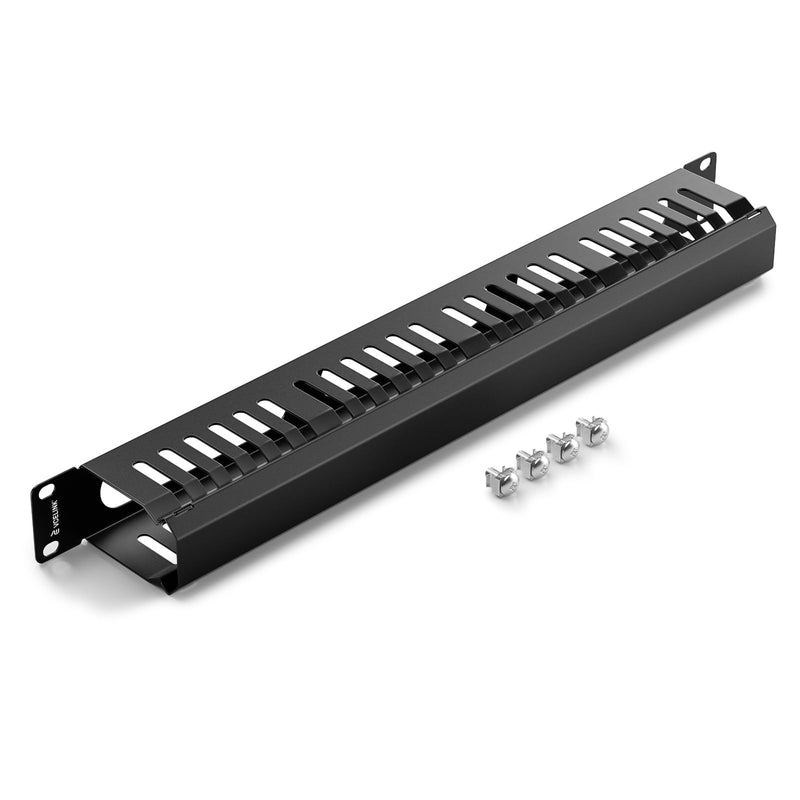 VCELINK 1U Server Rack Cable Management 24-Slot, 19" Carbon Steel Horizontal Network Cable Management for Network Cabinet, All-Metal Black 1 Pack 1 Pack of 1u 24-slot