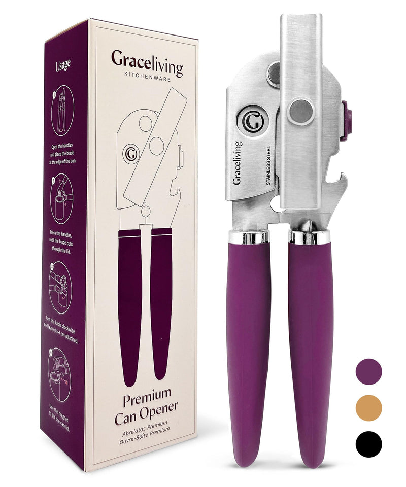 Premium Multifunctional Magnetic Manual Can Opener and Bottle Opener, Heavy Duty Stainless Steel Sharp Cutting Blade and Oversized Easy Turn Knob, Soft-Touch Handle, Kitchen Use, Mauve