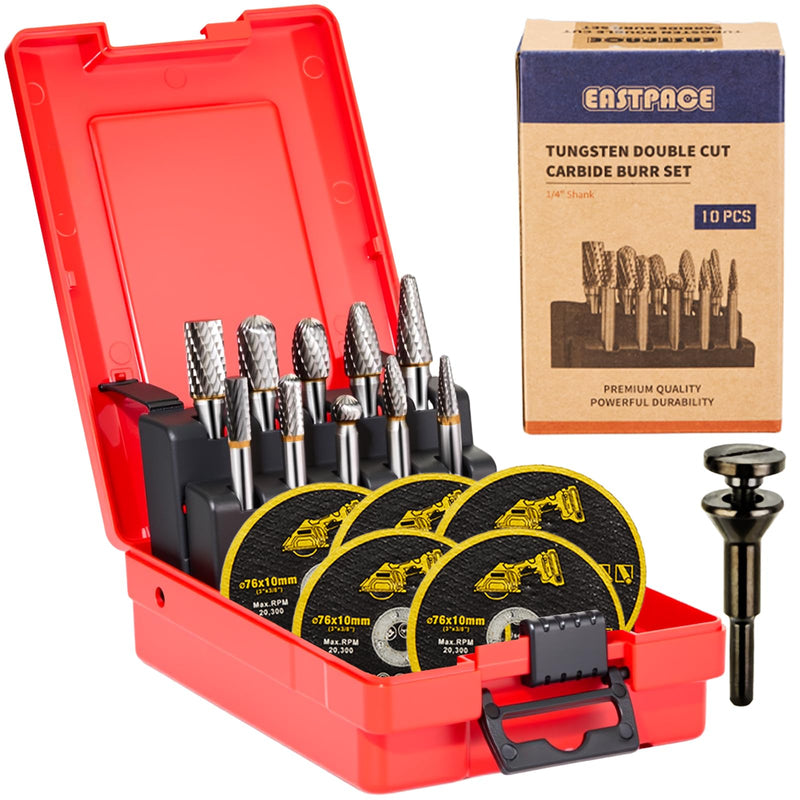 10 PCS 1/4" Shank Tungsten Carbide Burr Set Double Cut for Metal Grinding, Deburring Die Grinder Bits Fit Dewalt Milwaukee Die Grinders Accessories 1PC Mandrel & 5PC 3inch Cut Off Wheel