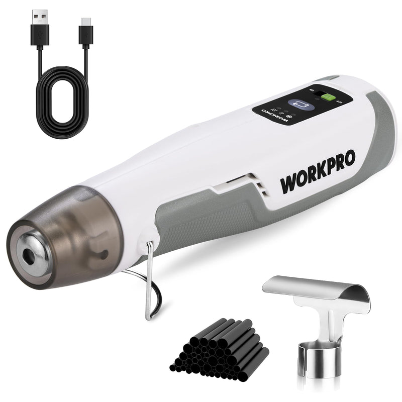 WORKPRO 7.2V Cordless Mini Heat Gun for DIY Crafts, 4000mAh Hot Air Gun, 1.5s Fast Heating, 3 Temp Settings (Cool/572°F/842°F), USB-C Rechargeable — Perfect for Halloween Crafts & Decorations White
