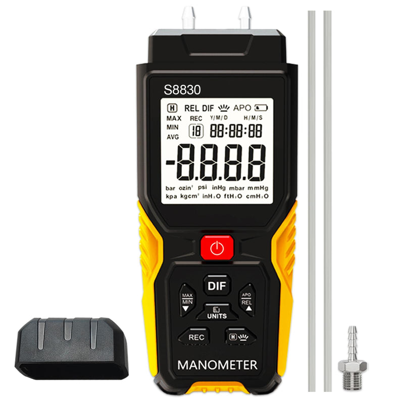 Digital Air Pressure Meter,+/-36.80kPa 147.7inH20 Dual-Port Manometer,Differential Pressure Gauge for air Conditioning Systems,Ventilation ducts,HVAC,Gas Pressure Tester