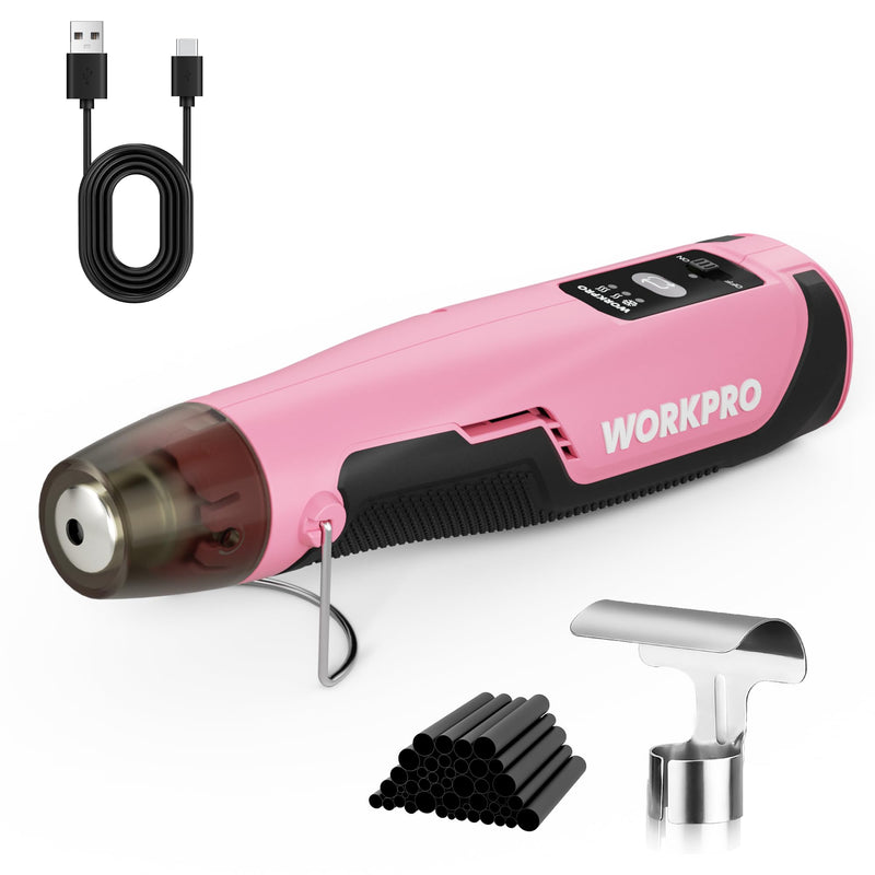 WORKPRO 7.2V Cordless Mini Heat Gun for DIY Crafts, 4000mAh Hot Air Gun, 1.5s Fast Heating, 3 Temp Settings (Cool/572°F/842°F), USB-C Rechargeable, Perfect for Crafts & Decorations - Pink Ribbon