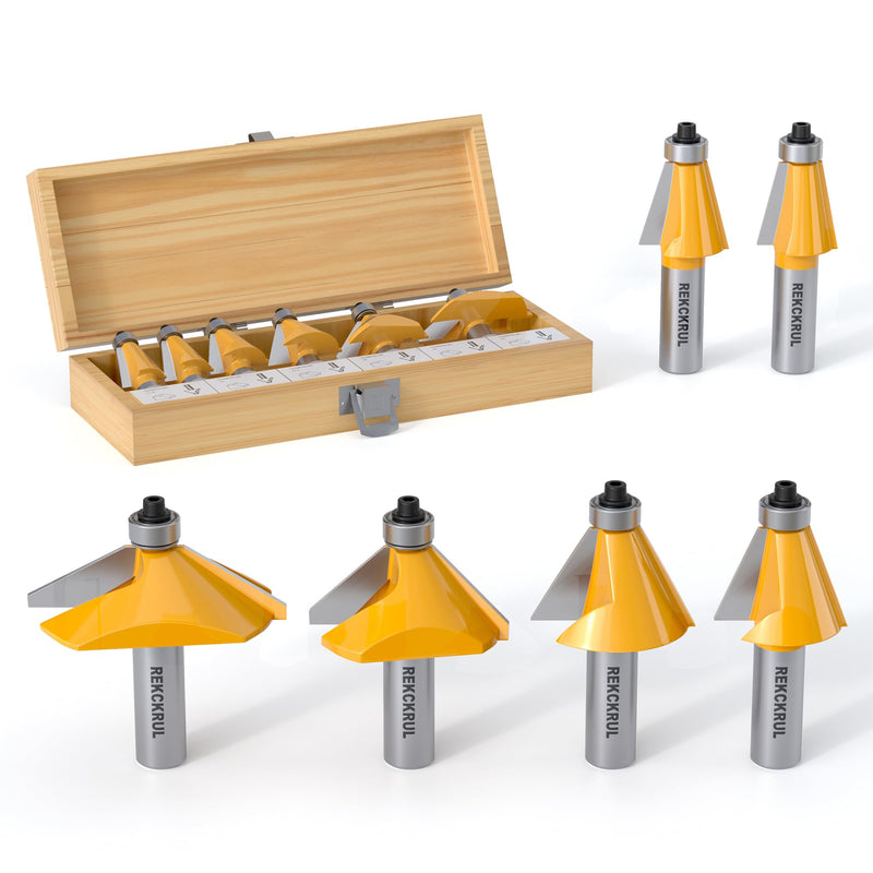 6Pcs Chamfer Router Bits Set with Bearing, 1/2 Inch Shank | Carbide Tipped Woodworking Router Bits for Precision Edge Trimming, Cutting Degree: 11.25, 15, 22.5, 30, 45, 60 6 Pcs - 1/2" Shank