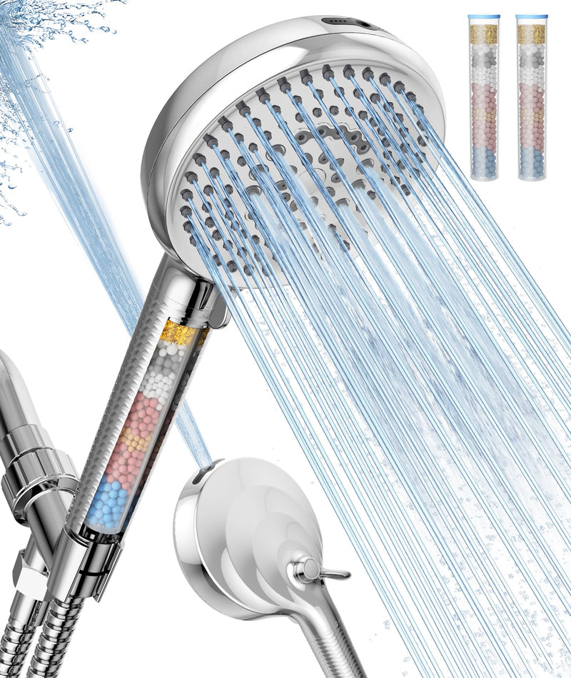 Filtered Shower Head with Handheld, 10 Spray Mode High Pressure Shower Head with Filters, Shower Filter Head for Hard Water, Powerful Spray for Cleaning, 2 Replaceable Filters Included, Chrome 10 Modes with 2 Filters