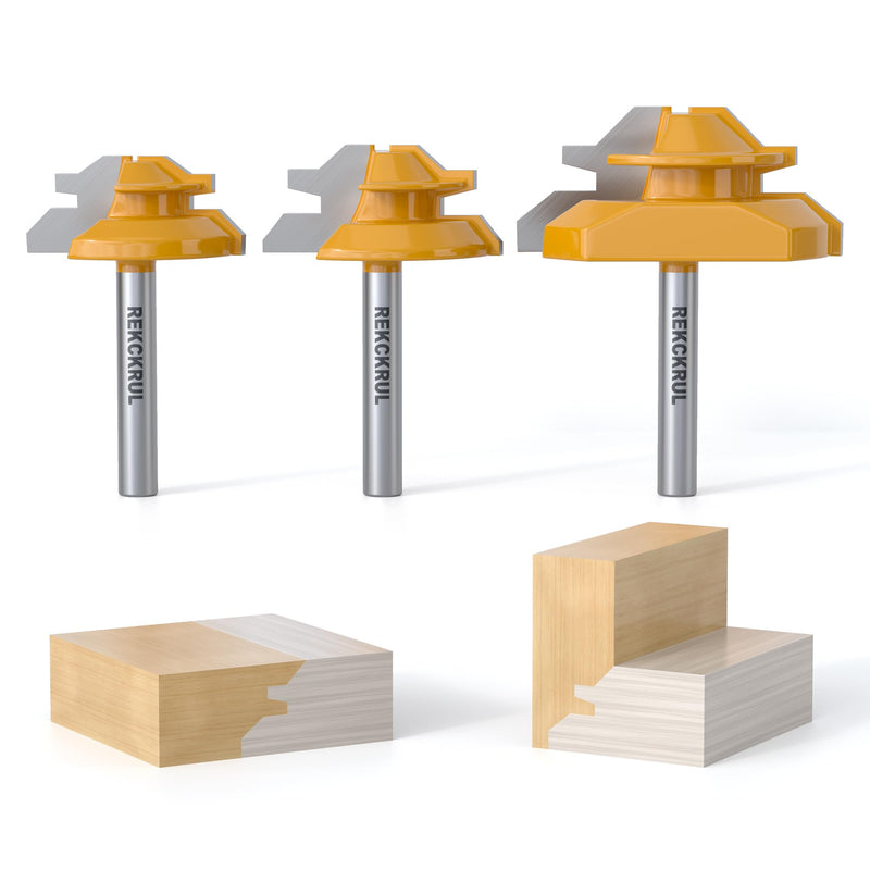 Professional 3 PCS 45 Degree Lock Miter Router Bit Set - Carbide Tipped, 1/4" Shank, Cutting Height: 1/2", 5/8", 3/4", Woodworking Tools for Cabinets, Drawers, Doors & Furniture 1/2", 5/8", 3/4" Cutting Heights 1/4" Shank - 3 Piece Set
