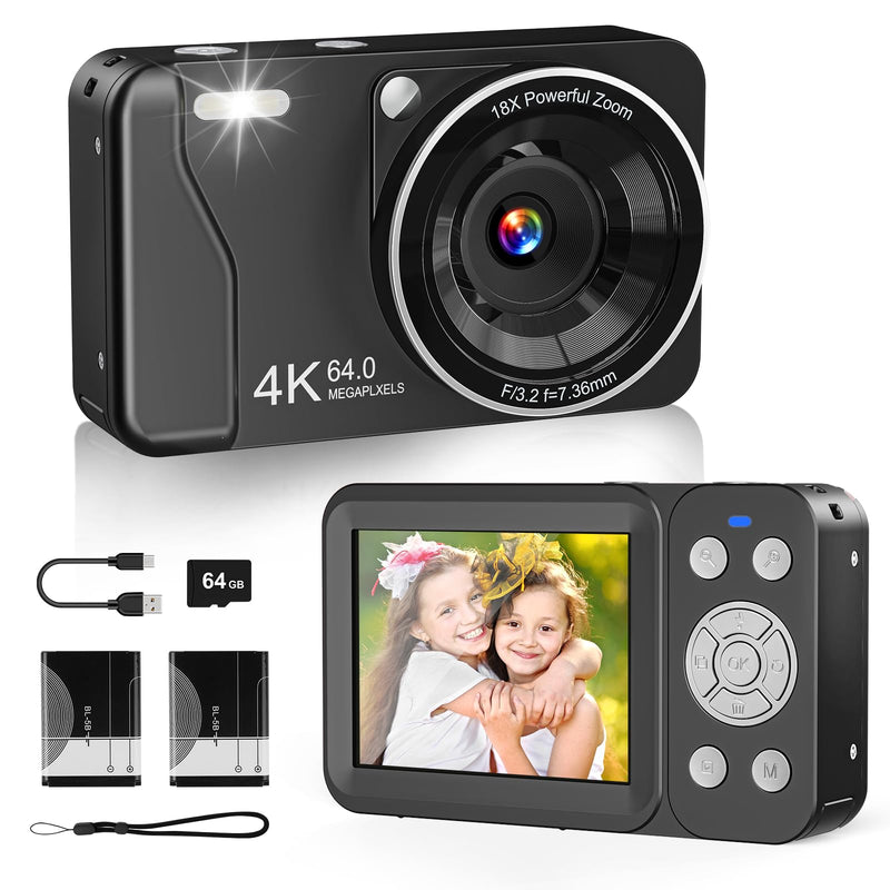 Digital Camera, 4K 64MP, 18X Zoom, Point and Shoot Digital Camera with 64GB TF Card & 2 Batteries, Portable Rechargeable Small Camera for Kids Teens Adult, Black