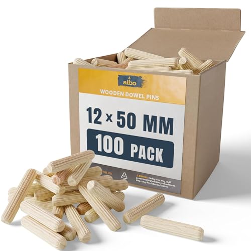 ALBO 100 Pcs Wooden Dowel Pins, Fluted Hardwood, 12x50 mm, 15/32" x 1.97" 12x50mm - 100pcs