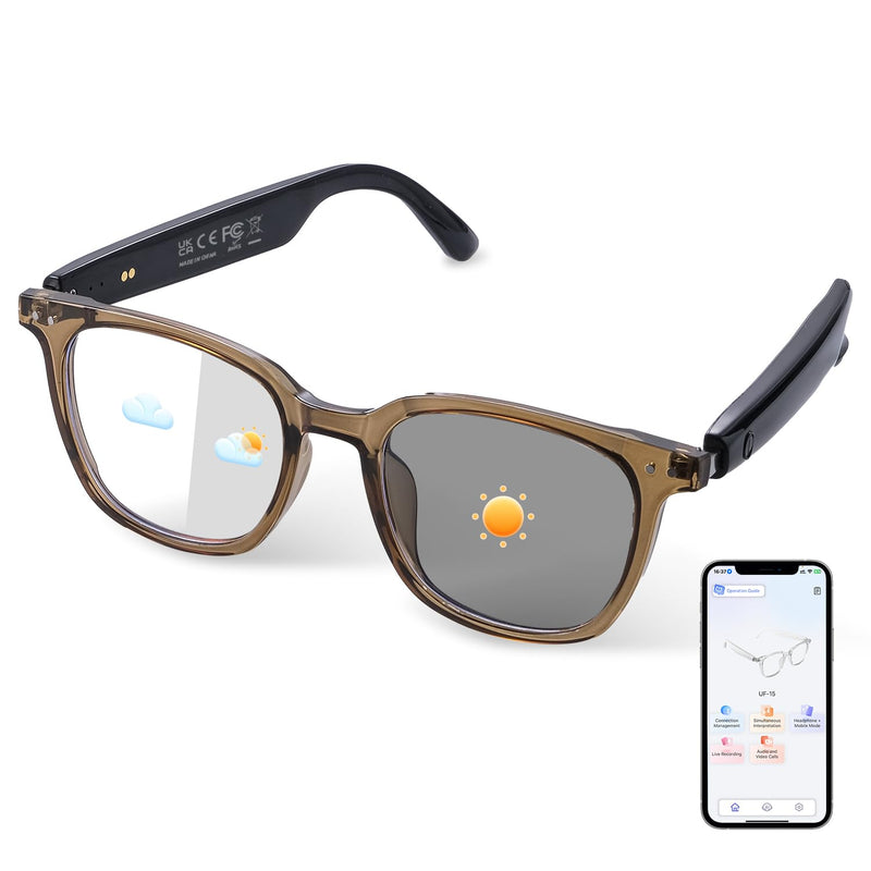AI Smart Glasses for Men & Women, AI-Powered By Translation, Noise Reduction, Open Ear Audio Mic & Speakers, Translation Glasses with Color-Change Lenses, Support 169 Languages, Business/Travel(Brown) GS07 AI version smart glasses-Brown