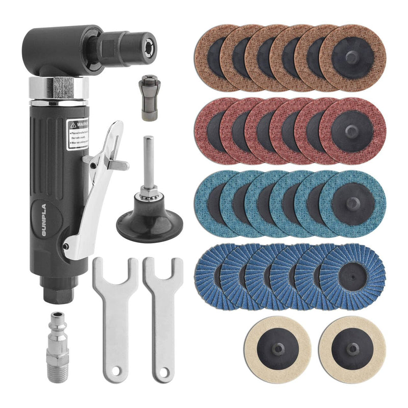 Gunpla 1/4 inch Angle Air Die Grinder, 90 Degree Heavy Duty 20,000 RPM with 26 pcs 2-inch Sanding Discs for Grinding, Deburring, Engraving, Polishing, Engraving and Rust Removal