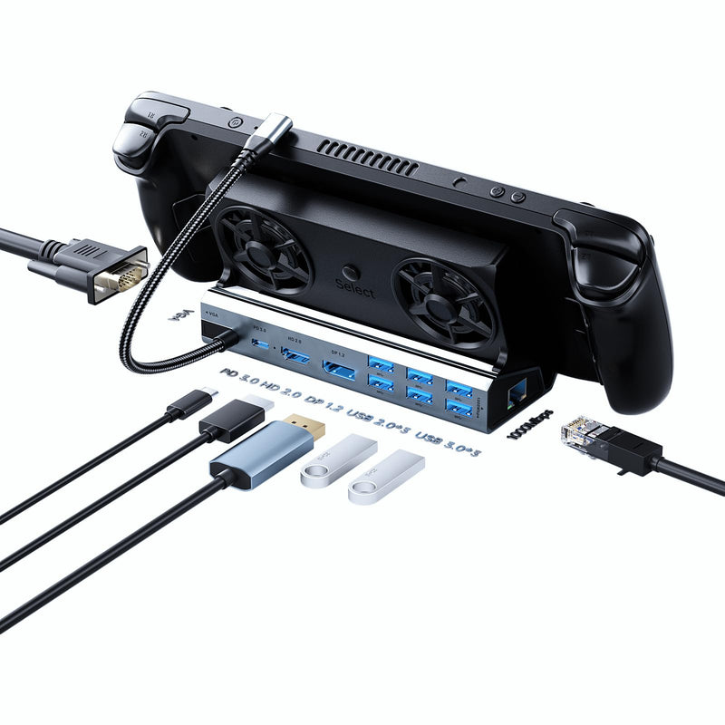 Docking Staion for Steam Deck,11 in 1 Double Fan Steam Deck Dock. VGA prot,1000Mbps Ethernet, PD100W Charging,HDMI 2.0 and DP 4K@60Hz.3 USB 3.0 and 3 USB 2.0 Port. Slot Steam Deck Dock. 11 in 1