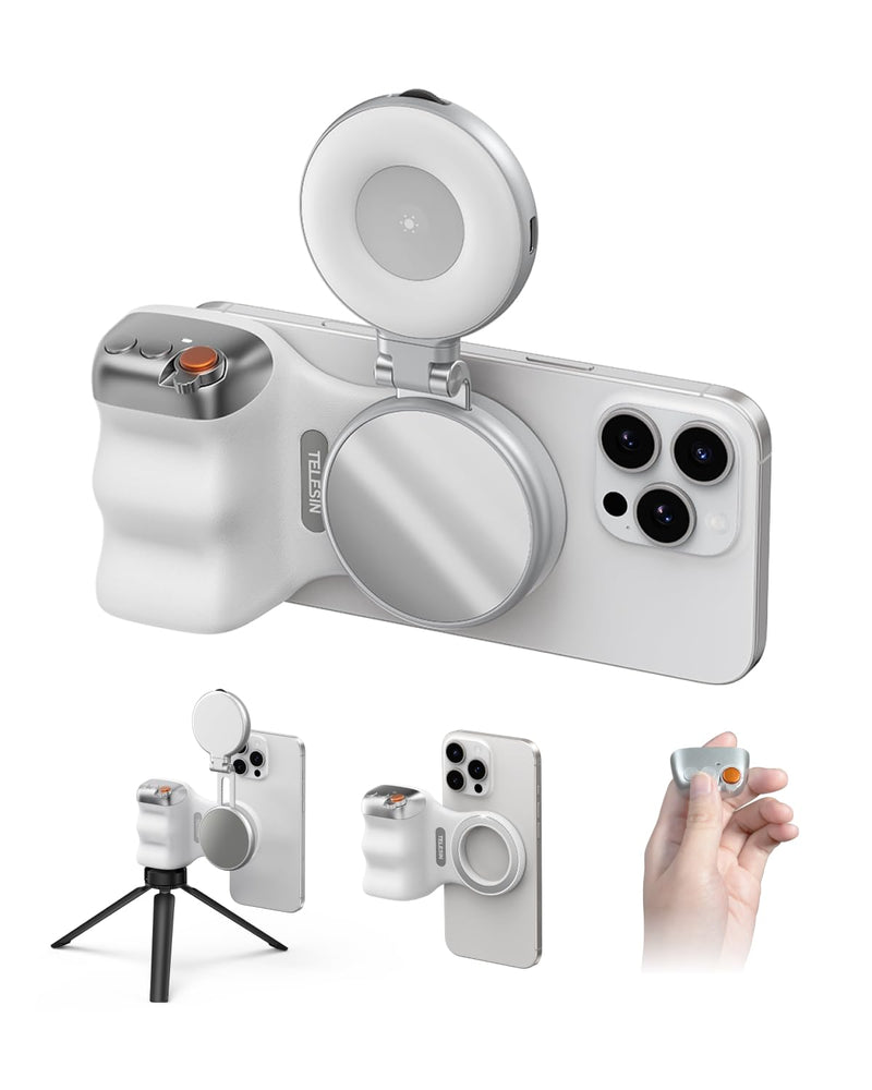 TELESIN Fun Shot Magnetic Phone Camera Grip + C03 Magnetic Selfie Light (Silver) Bundle Kit Compatible with iPhone Magsafe & Android, Creator Kit for Selfies/Photography/TikTok/Zoom Calls/Video Fun Shot Grip Kit