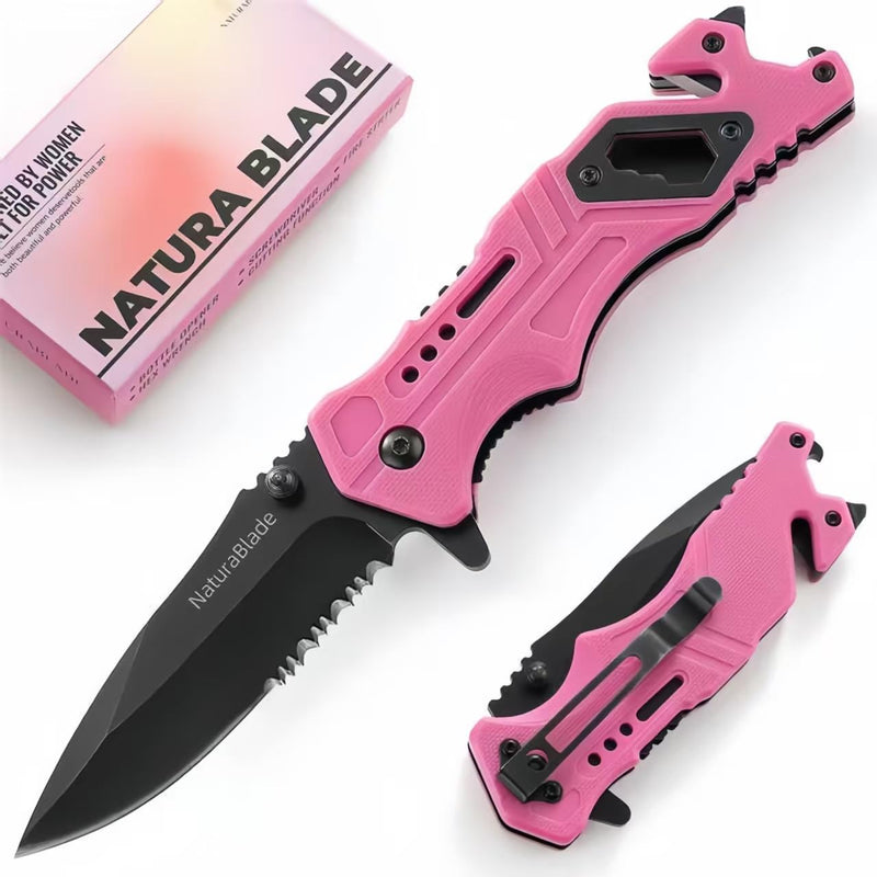 Elegant Pink EDC Pocket Knife for Women, 3 Inch Serrated Blade with G10 Handle and Seatbelt Cutter, Perfect for Hiking, Camping and Everyday Confidence