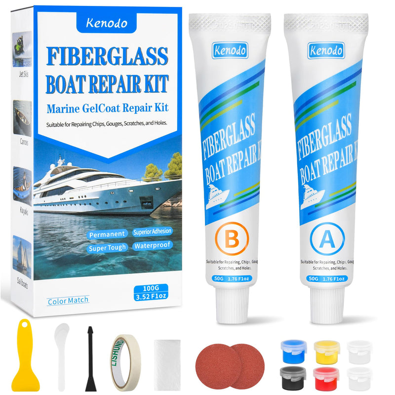 Marine Fiberglass Repair Kit for Boats, Gel Coat Kepair kit for Boats, Epoxy Filler for Repairs Cracks, Scratches, Debris, Holes, Gaps, Suitable for Fiberglass, Acrylic, Porcelain 100g-1.76oz