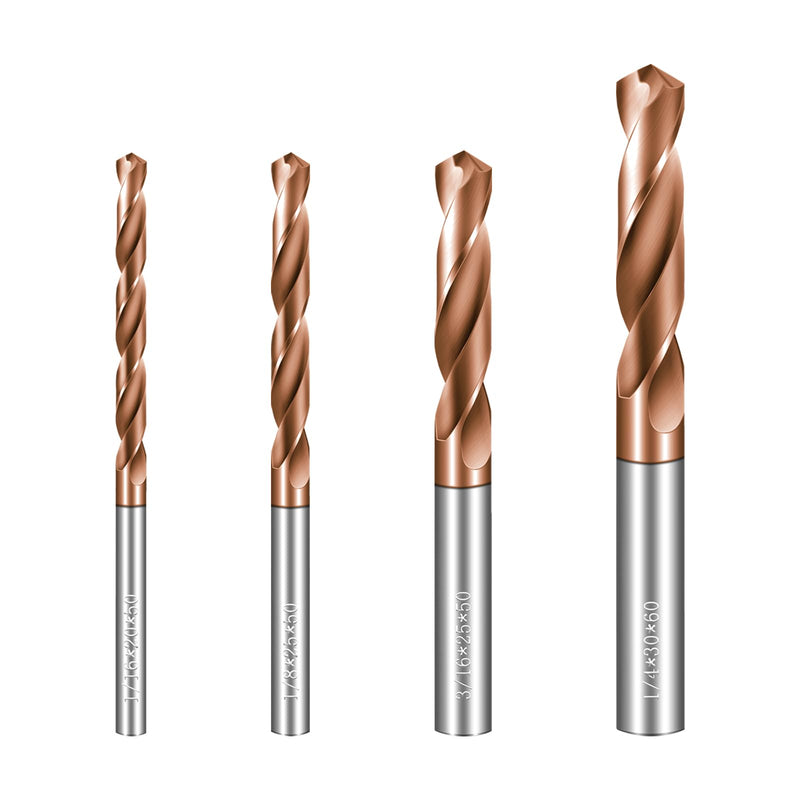 Drill Bit Set 4 Pcs Solid Carbide Drill Bits, 1/8" 1/4" 3/16" 1/16" Tungsten Carbide Drill Bits with TISIN Coated, Metal Drill Bit Set for Stainless Steel Hardened Steel Cast Iron Alloy Copper 1/4" 3/16" 1/8" 1/16"
