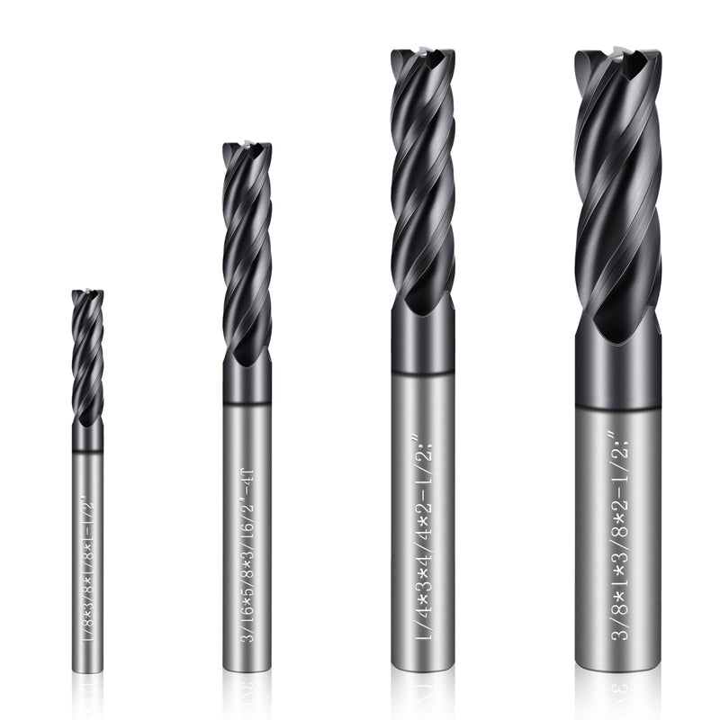 4PCS Micrograin Carbide Square End Mill Set- 4 Flute 4T 1/8" 3/16" 1/4" 3/8" End Mills for Alloy Steels, Hardened Steel, Metal, and Multipurpose Milling - Precision Tool Kit for DIY & Professional Use 1/8" 3/16" 1/4" 3/8"