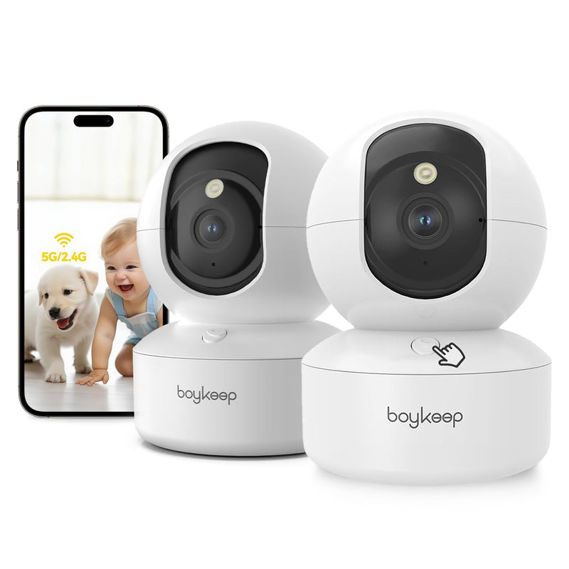 BoyKeep 2K Pet Camera, Indoor Security Camera, 5G/2.4GHz WiFi Cameras for Baby Dog with Phone App, 360° Pan & Tilt, 2-Way Audio, Color Night Vision, New Version w/Cloud Storage (White-2 Pack) White-2 Pack