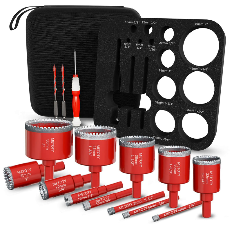 Diamond Hole Saw Drill Bit Set (15 PCS) (1/4"-2") Serrated Diamond Core Bits for Ceramic, Glass, Tile, Marble, Granite | EVA Positioner & Hard Storage Bag | Dry/Wet Dual-Use | High-Precision Drilling (1/4"-2")-15PCS