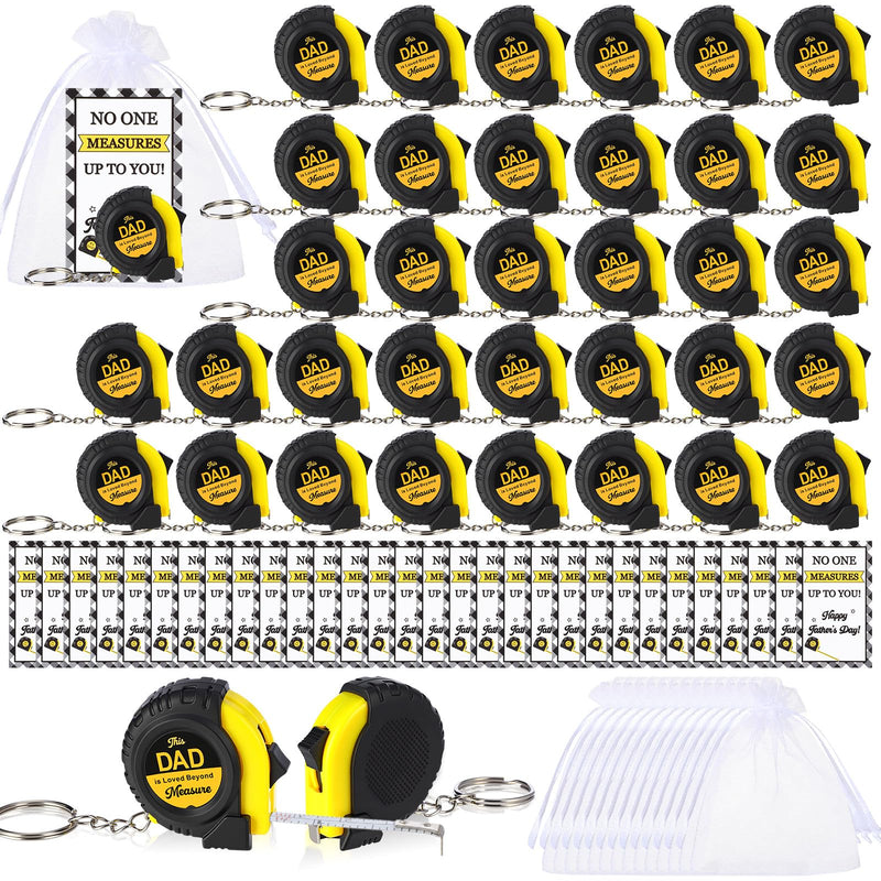 Chunful 30 Pcs Mini Measure Tape Keychain Set Employee Coworkers Gift Fathers Men Gifts Bulk 3 ft Small Retractable Measuring Tape Bulk with Father's Day Cards White Organza Bags(Yellow) Yellow