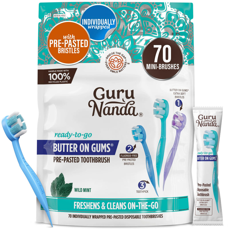 GuruNanda Mini Disposable Toothbrushes with Toothpaste & Toothpick, Prepasted Ready-to-Go Travel Toothbrush with Butter on Gums Bristles - Fluoride Free, No Rinsing, Individually Wrapped, 70 Ct 70 Count (Pack of 1)
