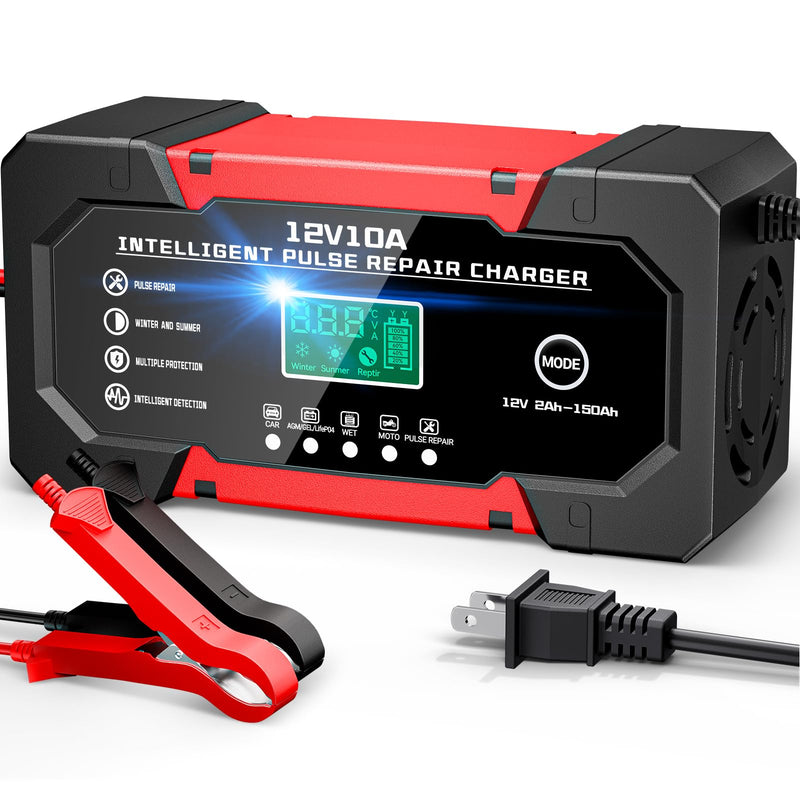 Battery Charger 10A 12V Fully Automatic Smart Car Battery Charger with LCD Display & Temperature Compensation for Car Motorcycle Vans Red 10A