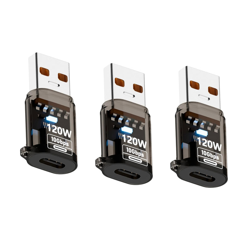 WLGQ Transparent Shell with Light USB A to USB C Adapter, 120W Power Delivery, 10Gbps Data Transfer, 3 Pack, Black