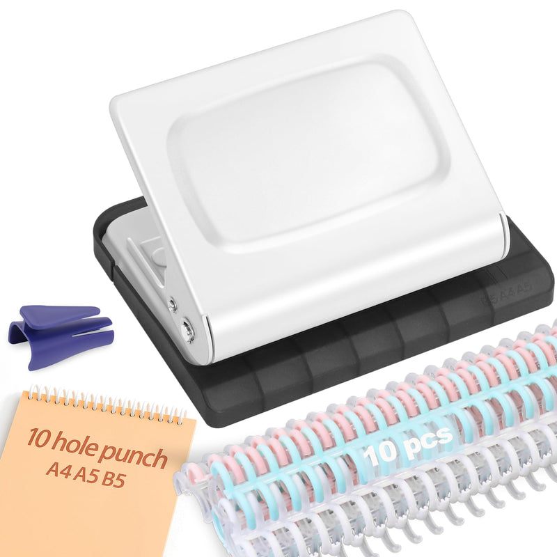 10 Hole Punch Binding Machine for Planners with 10 Multi-Color Binder Rings, 30 Holes on A4, 20 Holes on A5, 26 Holes on B5, 10 Sheet Capacity (White)