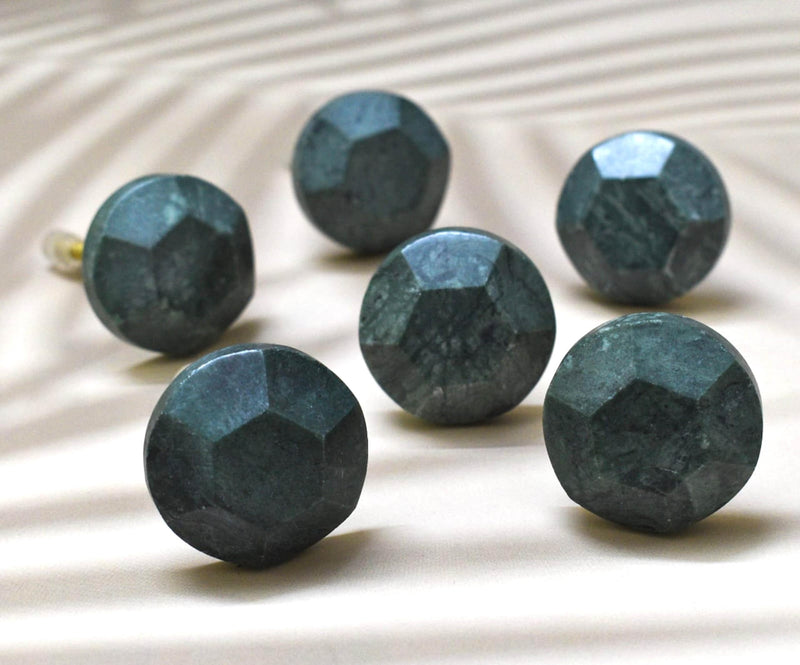 Marble Knobs for Cabinets - Set of 6 Decorative Green Hammered Round Marble Knobs Handmade Kitchen Cabinet Drawer Knobs | Glossy Wardrobe and Dresser Pulls (6 x 3.8 cm)