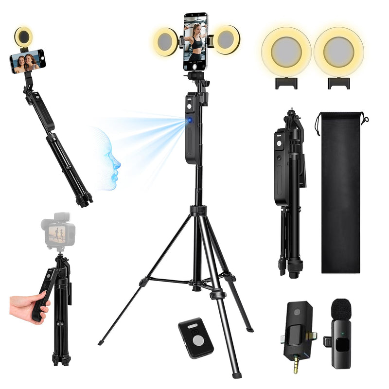 Vlogging Kit for iPhone/Andriod,70.9″ Auto Face Tracking Tipod,360 Rotatable Selfie Stick Tripod, Content Creator Essentials, Yutube Starter Kit, Gesture Control w/Remote/Mic/Light