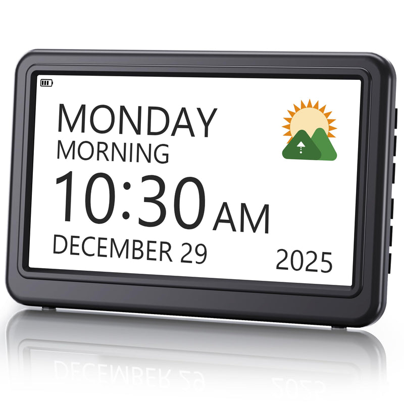 Rechargeable Digital Calendar Alarm Clocks for Senior, 7" Clock with Day and Date for Elderly, 20 Reminders & Alarms, Auto Dimmer/DST, 12 Themes, 18 Ringtones for Dementia Memory Loss, 1024*600 HD Black