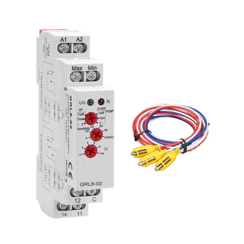 10A Liquid Level Control Relay GRL8-02 AC/DC 24V-240V Water Level Sensor Control Relay with 0.1S-10S Adjustable Time, Automatic UP and Down Liquid Level Controller with 5ft Detector Sensor 1*GRL8-02-AC/DC 24V-240V +3pcs 5ft Detector Sensor