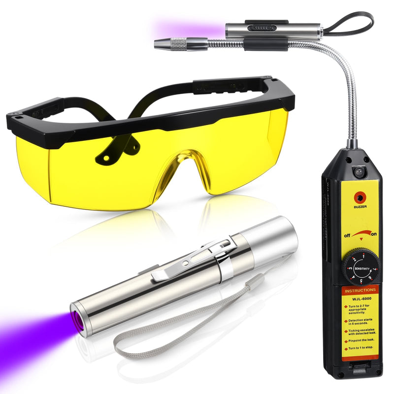 Auto Air Conditioner Leak Detector Tool WJL-6000 Refrigerant Leak Detector with 365nm LED Flashlight and UV Protective Glasses for HVAC Air Conditioner R22 R410A R134A(Yellow) approx. 8.46 of head length Yellow