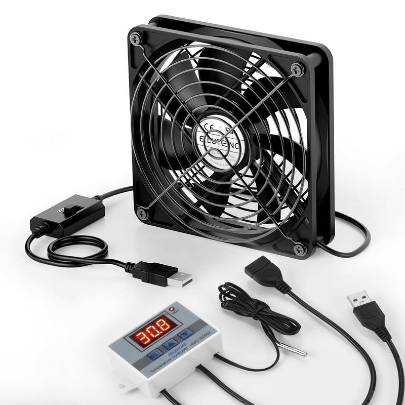 ELUTENG USB Fan 120mm with Digital Temperature Controller, 5V USB Powered PC Computer Fan 1500RPM 3 Adjustable Speeds Electronic Cooling Lufter with Metal Grill for Laptop/TV Box/AV Cabinet/PS5/Router
