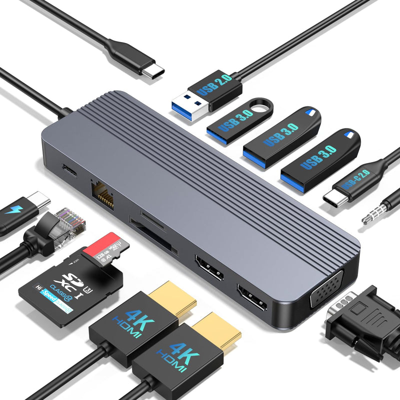 Docking Station 3 Monitors for HP/Dell/Lenovo/MacBook Laptop,13 in 1 USB C Hub, Computer Docking Station for Laptop with Dual HDMI,VGA,USB 3.0,Fast Charging Port,SD/TF Card Reader,3.5mm Audio