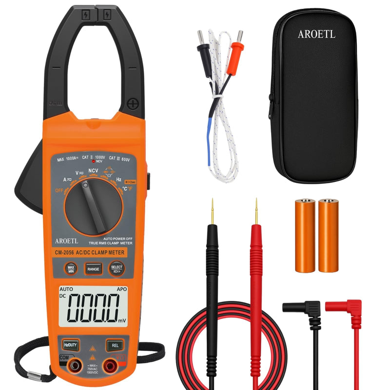 Digital Clamp Meter Multimeter 1000A AC/DC Amp Voltmeter, Auto-Ranging TRMS with Backlit LCD & NCV; Measures Voltage, Current, Temp, Duty Cycle, Capacitance, Frequency
