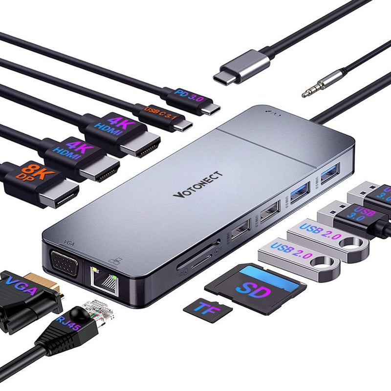USB C Hub USB C Docking Station 14-in-1 Adapter with Dual 4K HDMI & 8K DP Output USB3.0 x2, VGA, USB2.0 x2, PD100W, Gigabit Ethernet, 3.5mm Audio for MacBook, Dell, HP, Lenovo, Surface