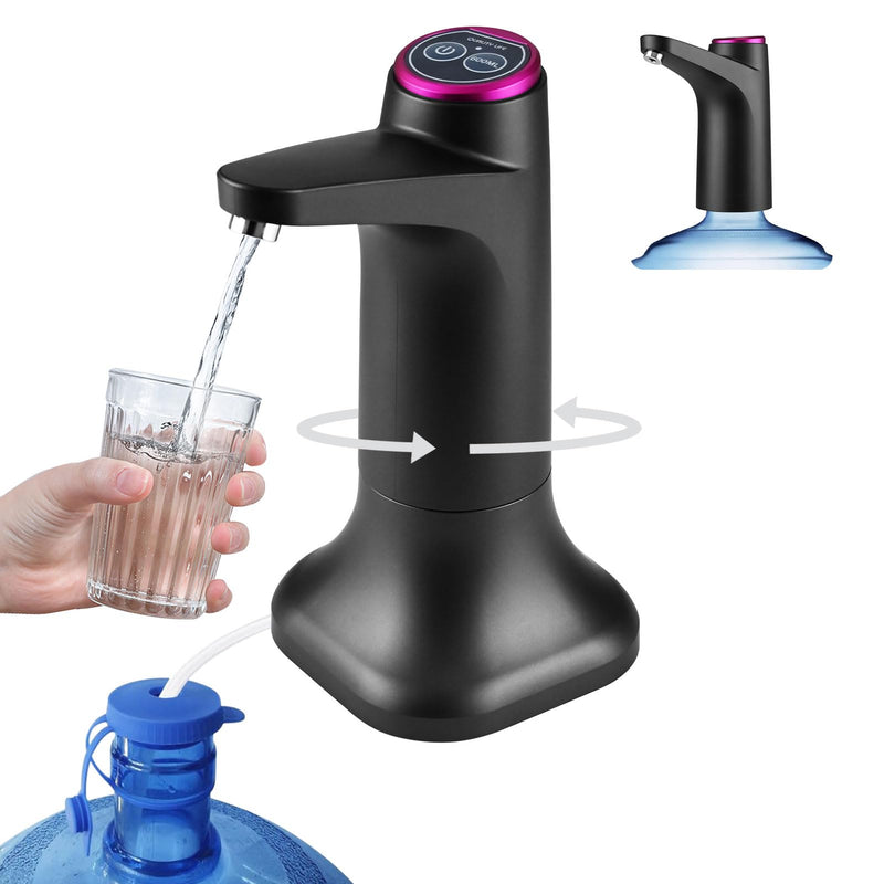 5 Gallon Water Pump with Mobile Base, USB Rechargeable Electric Water Dispenser for Bottle, Portable Automatic Pump Anti-Shake for RV Camping Home Office - Black