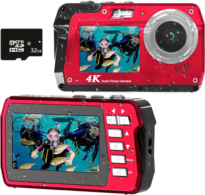 Underwater Camera 4K 48MP Waterproof Digital Camera with 32GB Card, Dual-Screen Selfie (Front & Rear), 10FT/3M Dive for Snorkeling, Surfing, Rafting, Swimming, Travel Red