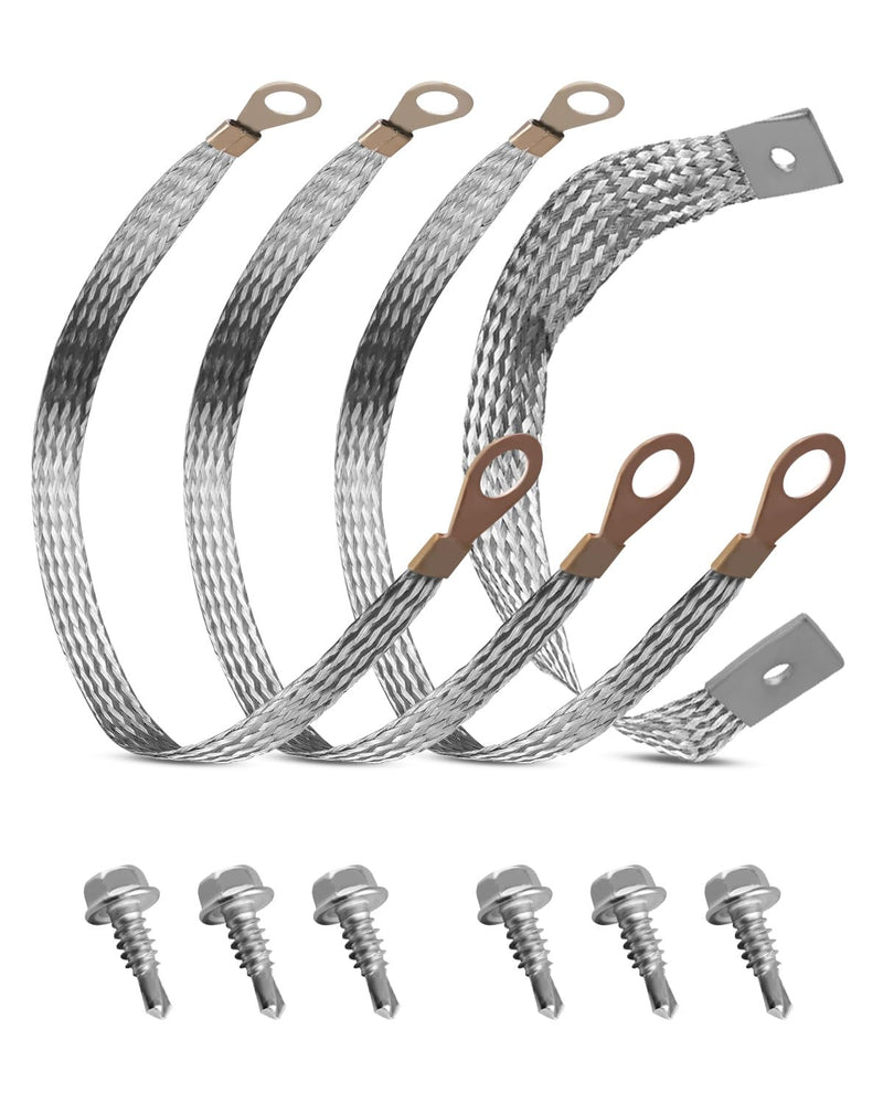 10 AWG Engine Copper Tinned Ground Strap Kit Replace 40140, 3Pcs 11 Inch Braided Ground Straps, 1Pc 14 Inch Grounding Terminal for Automotive Cars Body Frame, with 6 Screws