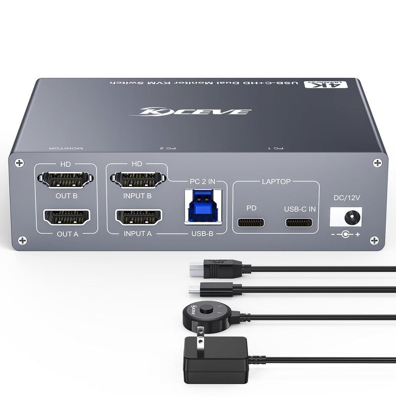 USB C HDMI KVM Switch for 1 Desktop+1 Laptop, Dual Monitor KVM Switch 4K@60Hz Support PD with USB C Cable, Wired Controller and Power Adapter USB C HDMI KVM Switch 2 PC 2 Monitor