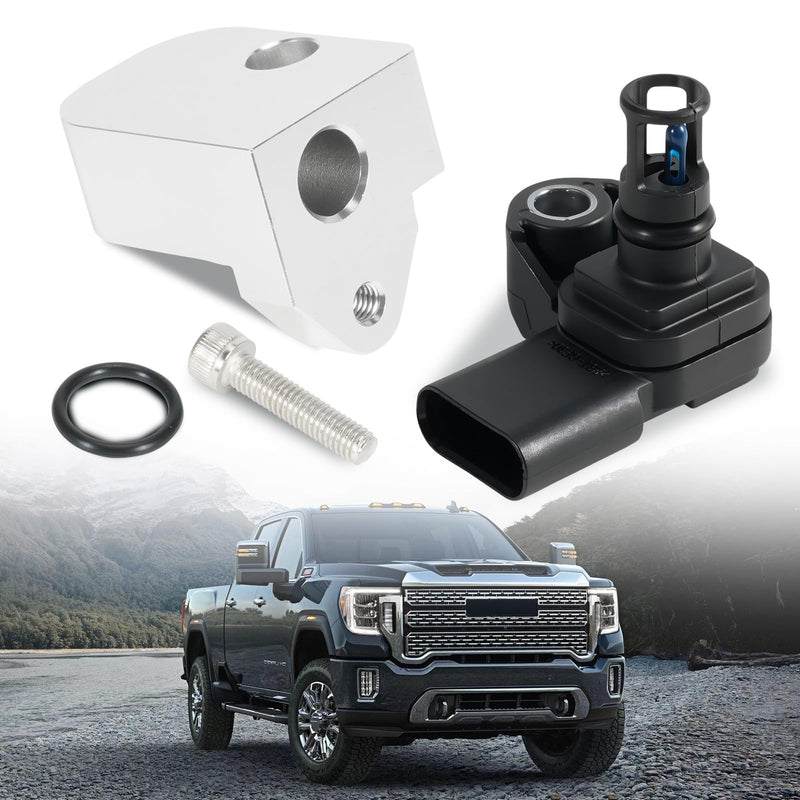 Silver Spacer Kit + Intake Air Pressure and Temperature Sensor Fit for GMC Sierra Chevrolet Silverado 2500HD 3500HD 6.6L Diesel Engine 2017-2024 Replace 12681993 Manifold Pressure (MAP) Sensor